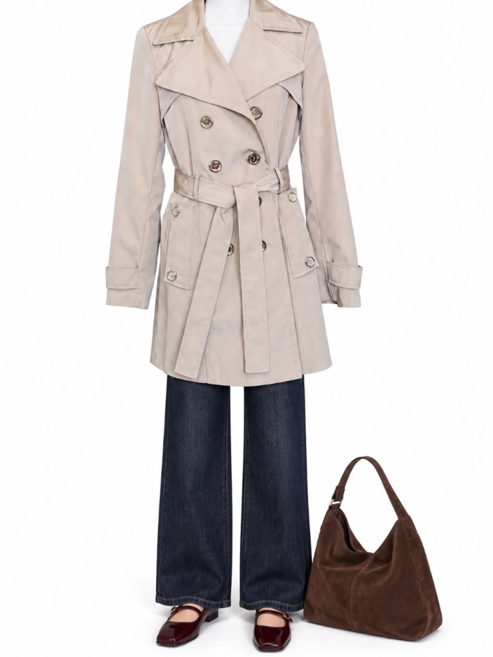 Calvin Klein Beige Belted Double Breasted Trench Coat Small